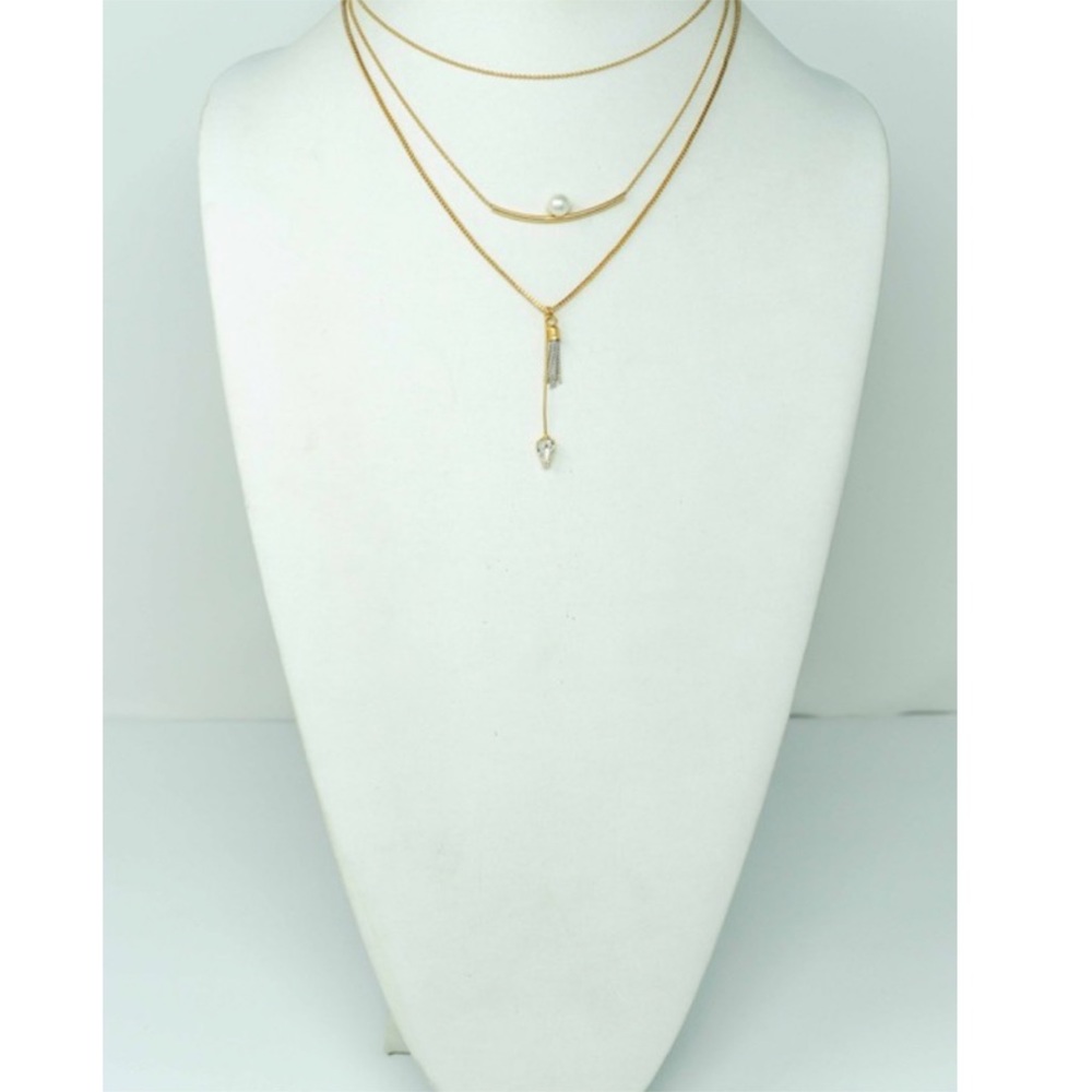 Gold Pearl Tassel Rhinestone Layer Necklace - Picture 2 of 2